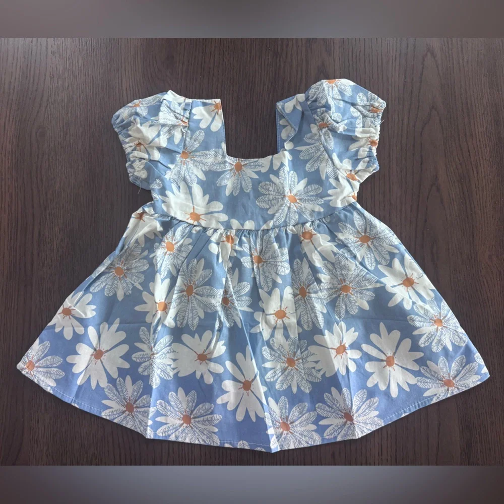 NWOT 6- 12M Baby Girls Blue Daisy Dress with Bow